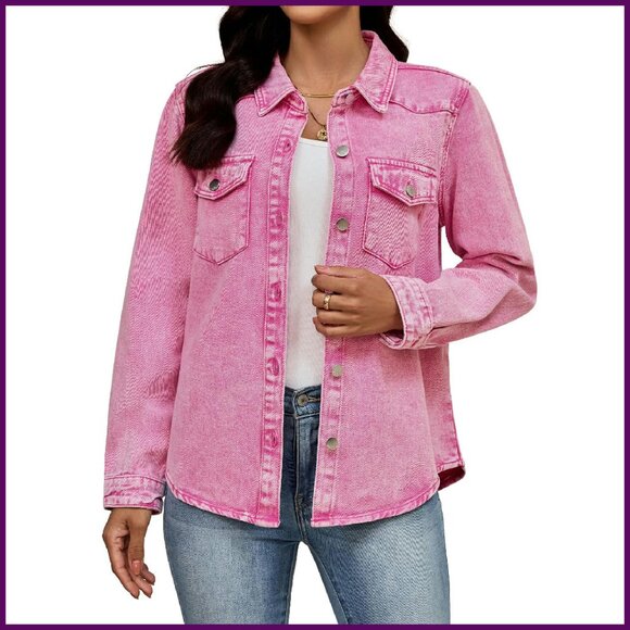 Distressed Denim Jacket Women's Long Sleeve Button Down Shacket
